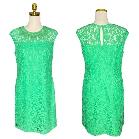 ADRIANNA PAPELL |SLEEVELESS LACE DRESS WITH BEADED NECK IN BOTANIC GREEN SIZE 10 - Picture 4 of 10